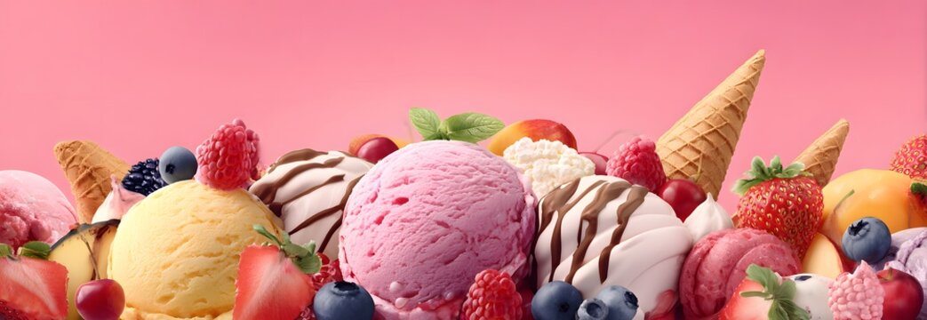 Abstract panoramic banner of various kinds of the ice cream with fruits for ice cream parlor or advertisement 