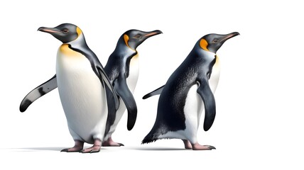 Fototapeta premium Three emperor penguins walking on snowy white background antarctic wildlife and arctic bird photography