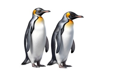 Fototapeta premium Two emperor penguins walking on snowy white background antarctic wildlife and arctic bird photography