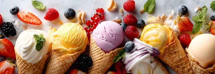 Abstract panoramic banner of various kinds of the ice cream with fruits for ice cream parlor or advertisement 