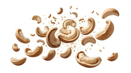 Floating cashew nuts with crumbs and fragments on white background showcasing dynamic motion and detailed texture for food