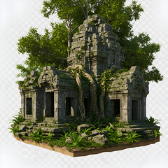 Realistic Render Of Ancient Temple Ruins Surrounded By Trees Greenery And Stone Structure