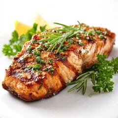 Grilled Salmon Steak with Herbs, Lemon, and Parsley on White Plate