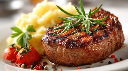Grilled Beef Steak with Mashed Potatoes, Rosemary and Roasted Tomatoes
