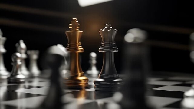 Gold king and silver queen chess pieces on a board