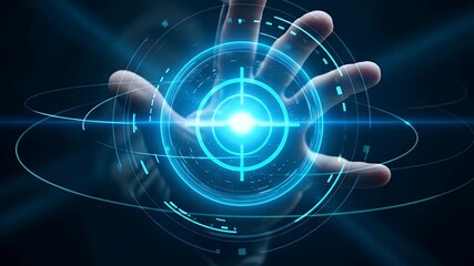 Hand interacting with a glowing blue circular interface with crosshairs - Powered by Adobe