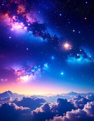 Vibrant nebulae and starscape above a sea of clouds at dawn