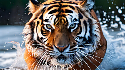 siberian tiger panthera tigris altaica low angle photo direct face view running in the water dire.