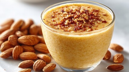 Healthy Almond Smoothie with Toasted Nuts in Glass, Close-up View