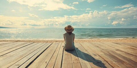 A wooden boardwalk where a traveler gazes at the horizon, enjoying the coastal breeze