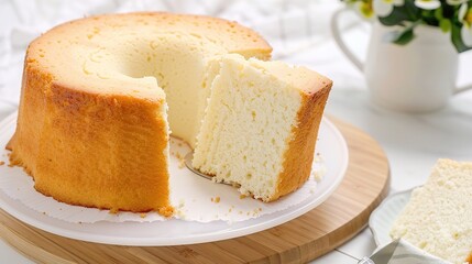 Soft and fluffy chiffon cake with a light golden crust, layered with smooth vanilla cream, topped with fresh berries like strawberries and blueberries, dusted with powdered sugar, set on a white ceram