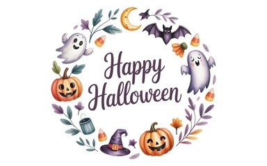 Fototapeta premium Happy Halloween Wreath with Ghosts Pumpkins and Candy Corn