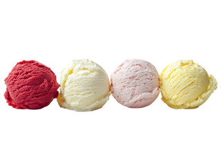Fototapeta premium Four scoops of delicious ice cream flavors in a row, Isolated On White Background, Png Transparent