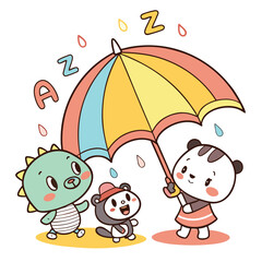 Obraz premium Whimsical Adventure Under the Umbrella: A cheerful illustration of three cute animal characters, sheltering under a colorful umbrella, playing happily in the rain, a joyful scene!