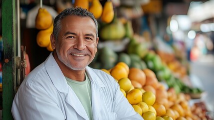 Man selling fruit in stand a market with sweet smiling