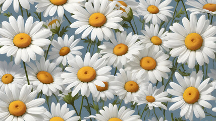 Fototapeta premium Fresh white daisies with yellow centers on light blue background, close-up floral bloom with green stems and leaves