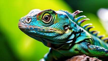 Fototapeta premium Vibrant Green Iguana Close Up with Striking Orange Yellow Stripes and Textured Scales 