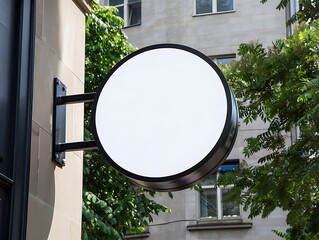 Blank Round Sign Attached to Building Wall Outdoors