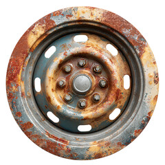 Rusty spare wheel hubcap close-up, isolated on transparent background