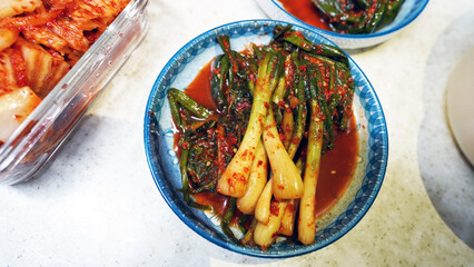 Traditional Korean Green Onion Kimchi Made with Fresh Scallions