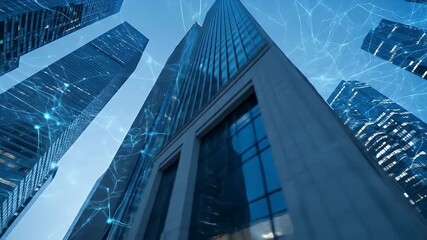 Modern skyscrapers viewed from below with abstract digital network overlay - Powered by Adobe