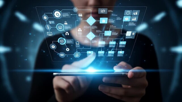 Person interacting with a futuristic holographic flowchart on a smartphone - Powered by Adobe