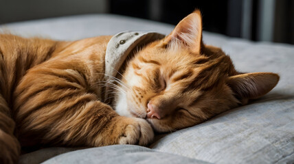 Close-up of sleeping orange tabby cat with curled paw and pink nose resting on soft gray fabric capturing peaceful feline moment