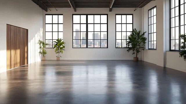 Modern empty interior space with large windows, plants, and city skyline in the background