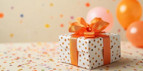 Obraz premium A beautifully wrapped gift box with orange ribbon sits amidst colorful confetti and balloons, creating a festive atmosphere.