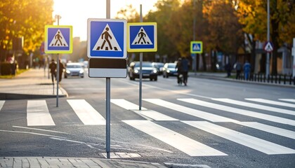 Pedestrian crossing signs on city street