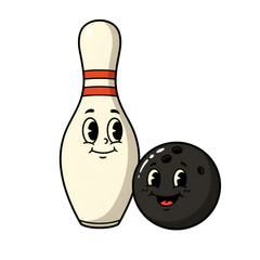 Retro Cartoon Bowling Pin And Ball Illustration Smiling Happy Isolated