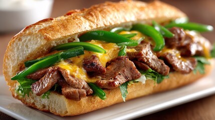 Delicious Philly Cheesesteak Sandwich with Green Peppers and Melted Cheese