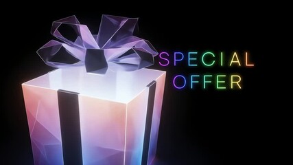 Colorful gift box with bow and special offer text on dark background   - Powered by Adobe