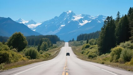Fototapeta premium A road stretches into the distance, with a vehicle driving on it. The background features majestic snow - capped mountains and lush forests, showcasing the magnificent nature and travel mood.