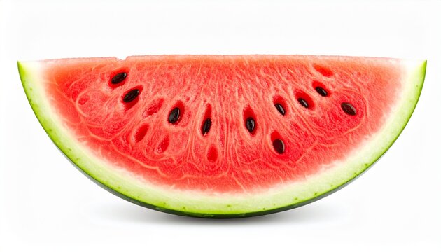 A juicy red slice of fresh watermelon is isolated on a white background