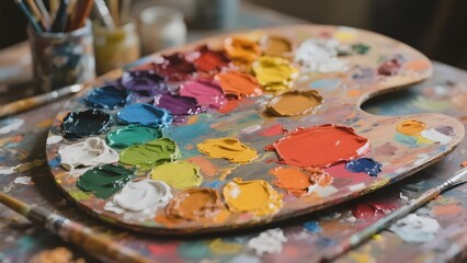 Fototapeta premium Artist's Palette with Vibrant Paint Colors and Brushes