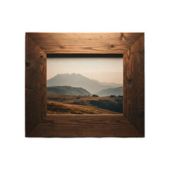 Wooden Frame Displaying Mountainous Landscape Art Photo Isolated Background