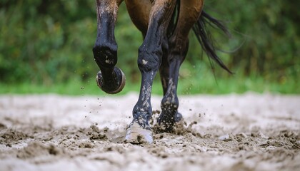 Close-up of a horse's legs moving through mud