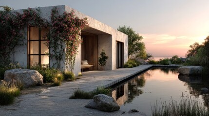 Obraz premium Minimalist landscape with a whitewashed country house and reflection pool at dawn