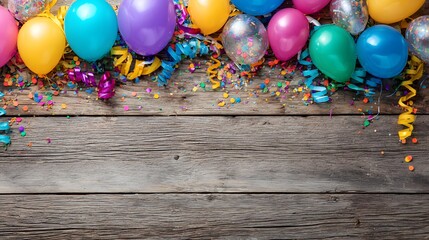 Colorful carnival or party frame of balloons, streamers and confetti on rustic wooden board