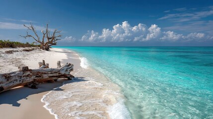 Fototapeta premium Pristine beach, turquoise water, weathered driftwood