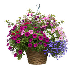 Vibrant Hanging Basket of Petunias in Purple Pink and Red Blooms