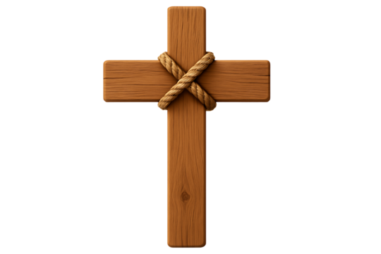 Wooden cross with rope isolated on transparent background