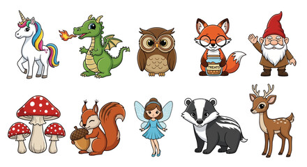 Fototapeta premium Cute Woodland Animals with Cartoon Set, and Fantasy.