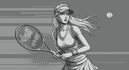 Tennis girl. Monochrome vector illustration of a female tennis player running in action. EPS version.