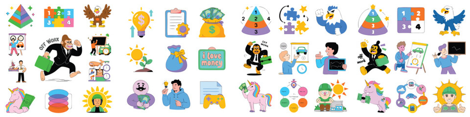 Fototapeta premium Colorful Cartoon Illustrations of Business Concepts Pyramids, Eagles, Unicorns, Money, Puzzle Pieces, Gorillas, and Various Professionals