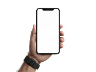 Hand holding smartphone with blank white screen mockup, Isolated On White Background, Png Transparent