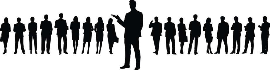 Business team silhouette standing, leader presenting, group discussion concept, corporate communication, teamwork, human resources, flat black vector illustration