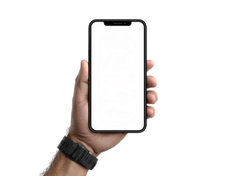 Hand holding smartphone with blank white screen mockup, Isolated On White Background, Png Transparent - Powered by Adobe
