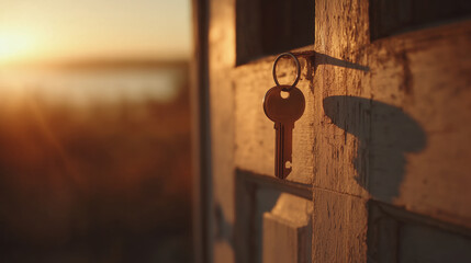 Close up of house key hanging from wooden door, illuminated by sunset light